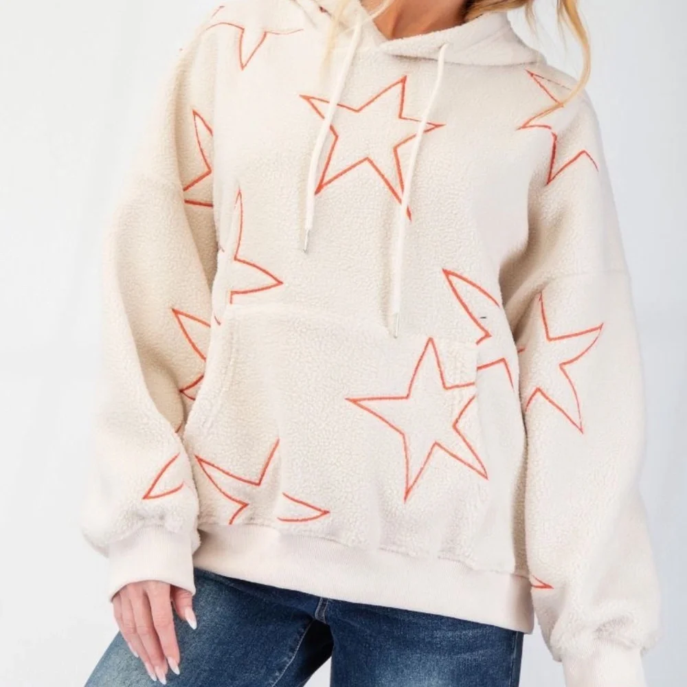 NEW EASEL STARFISH STAR SHERPA COZY HOODIE SWEATSHIRT KANGAROO POCKET PULLOVER - Picture 3 of 6